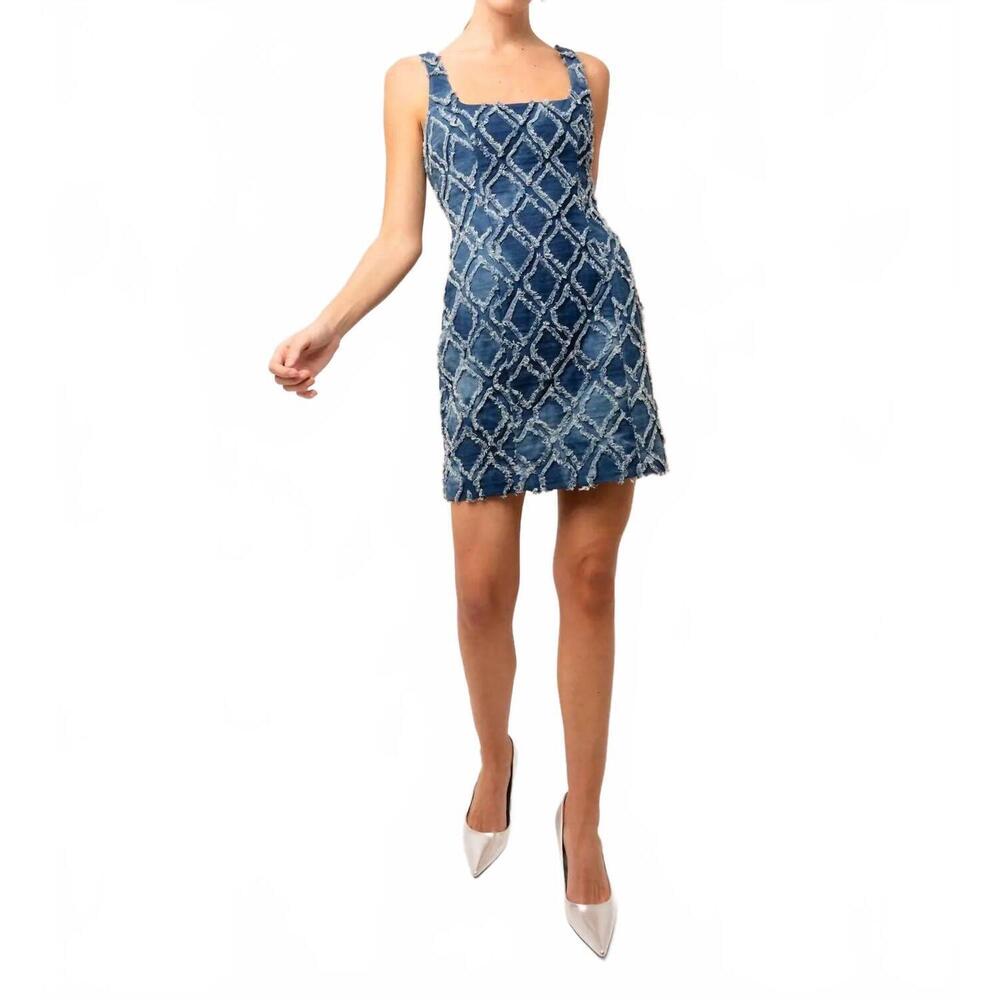 Blue Patterned Mini Dress - Sleeveless Square Neck Never Worn
